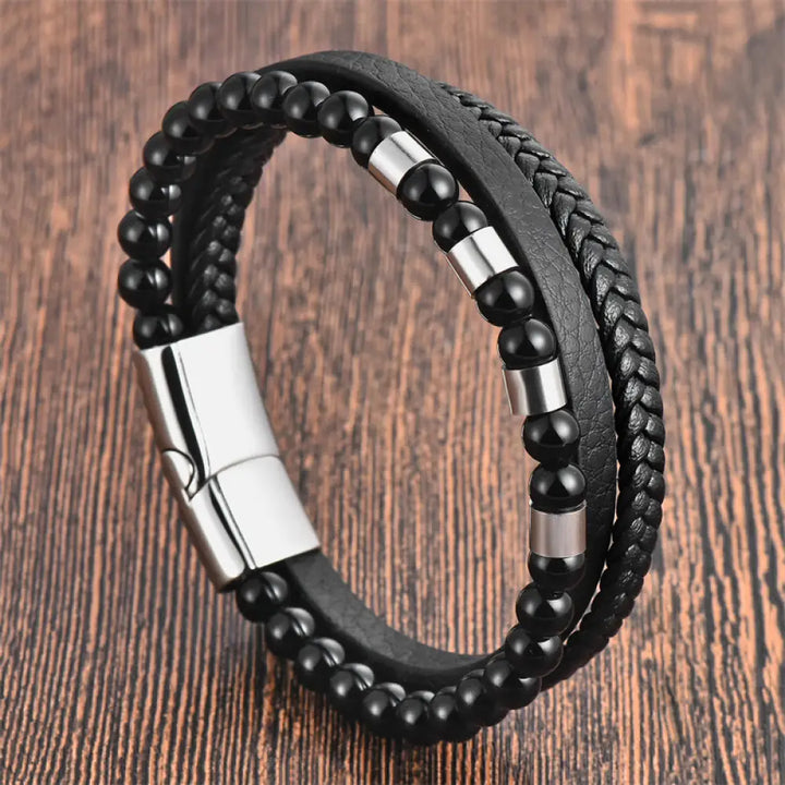 Buddha Stones Frosted Stone Multi-layer Leather Titanium Steel Balance Buckle Bracelet - BWOOOH - Silver(Wrist