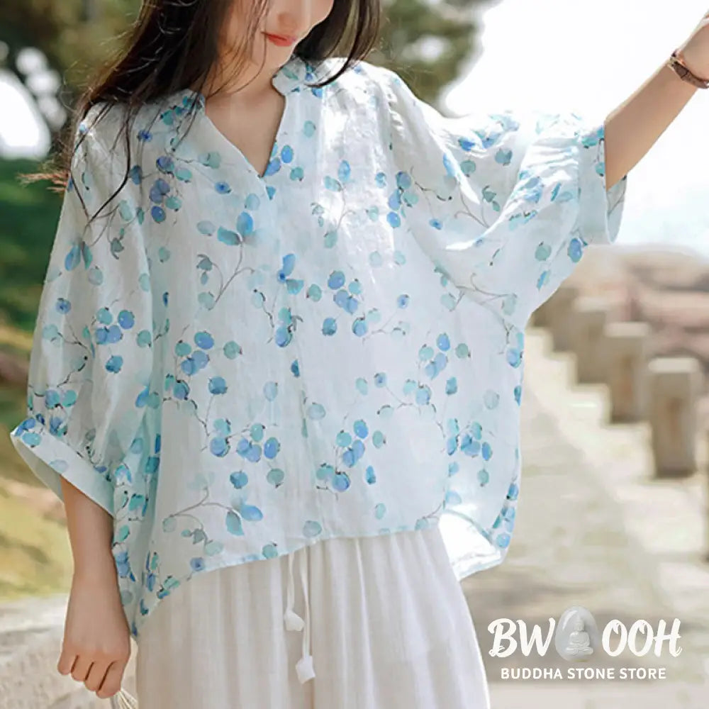 Buddha Stones Fruits Leaves Pattern Lantern Sleeve Top Loose Tee T-shirt - T-shirt
