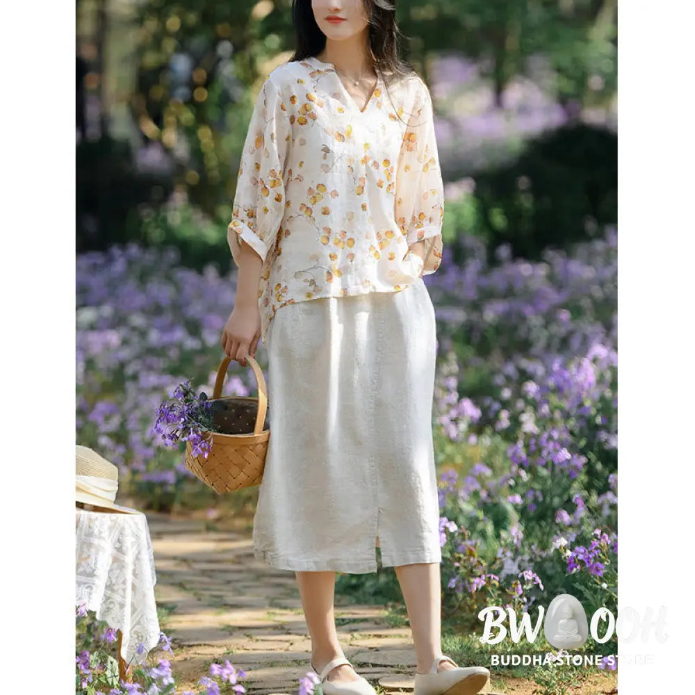 Buddha Stones Fruits Leaves Pattern Lantern Sleeve Top Loose Tee T-shirt - T-shirt
