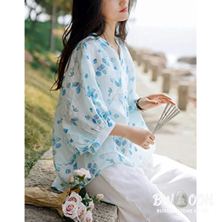 Buddha Stones Fruits Leaves Pattern Lantern Sleeve Top Loose Tee T-shirt - T-shirt