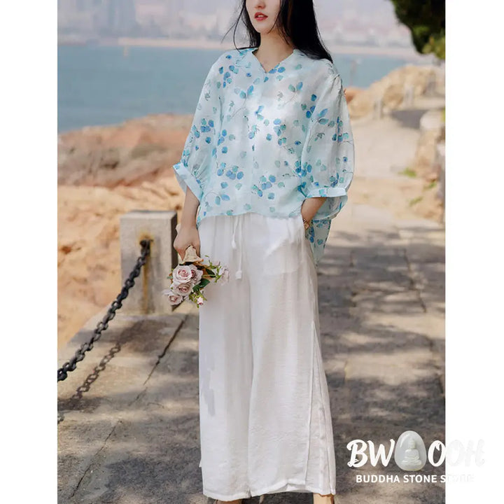 Buddha Stones Fruits Leaves Pattern Lantern Sleeve Top Loose Tee T-shirt - T-shirt