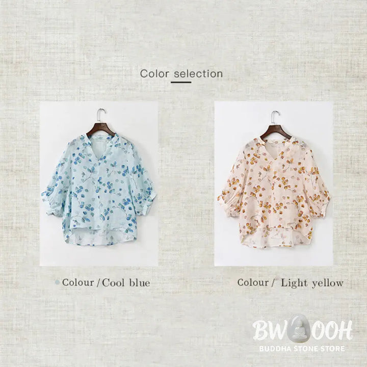 Buddha Stones Fruits Leaves Pattern Lantern Sleeve Top Loose Tee T-shirt - T-shirt