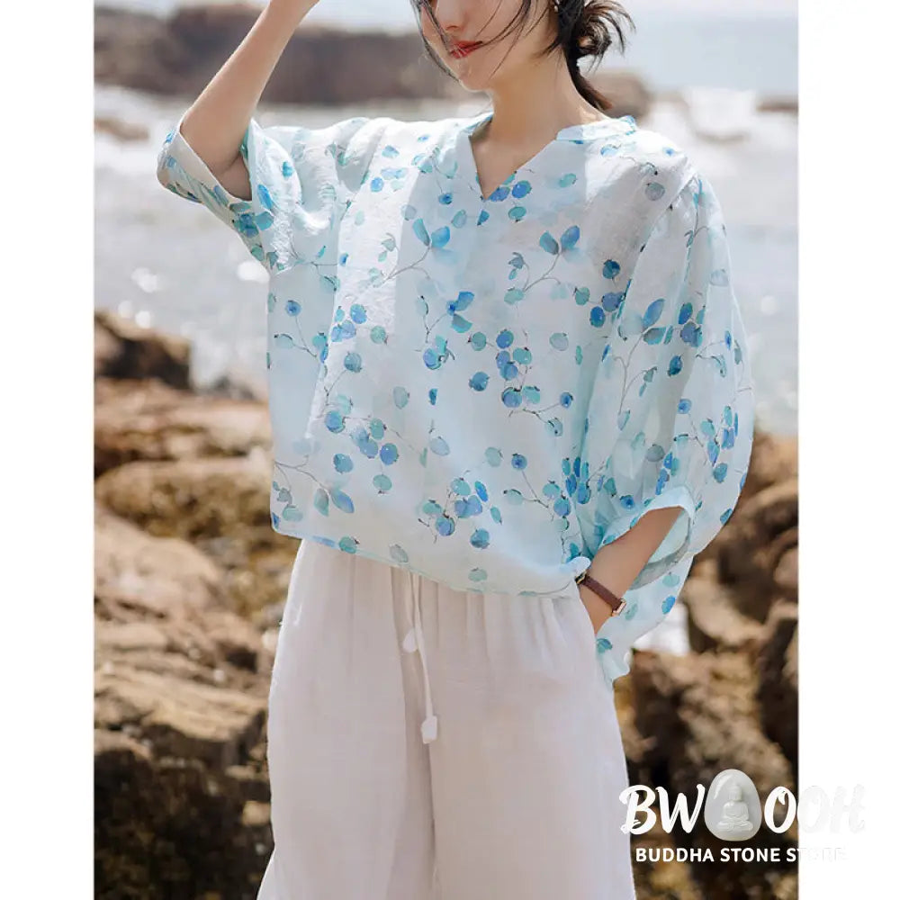 Buddha Stones Fruits Leaves Pattern Lantern Sleeve Top Loose Tee T-shirt - T-shirt