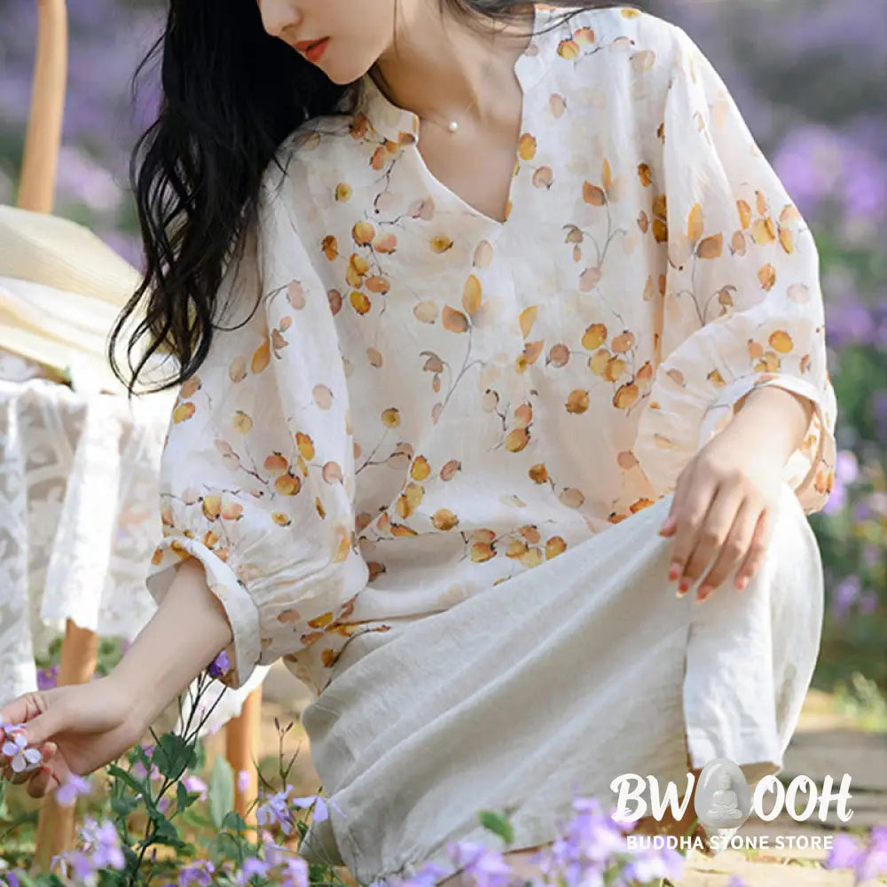 Buddha Stones Fruits Leaves Pattern Lantern Sleeve Top Loose Tee T-shirt - T-shirt