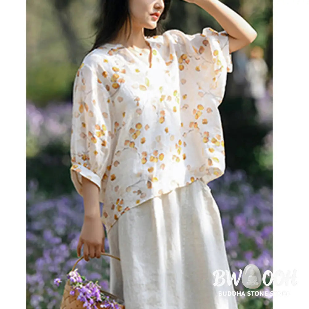 Buddha Stones Fruits Leaves Pattern Lantern Sleeve Top Loose Tee T-shirt - T-shirt