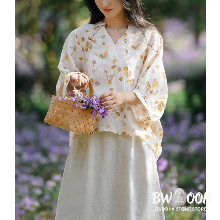 Buddha Stones Fruits Leaves Pattern Lantern Sleeve Top Loose Tee T-shirt - T-shirt