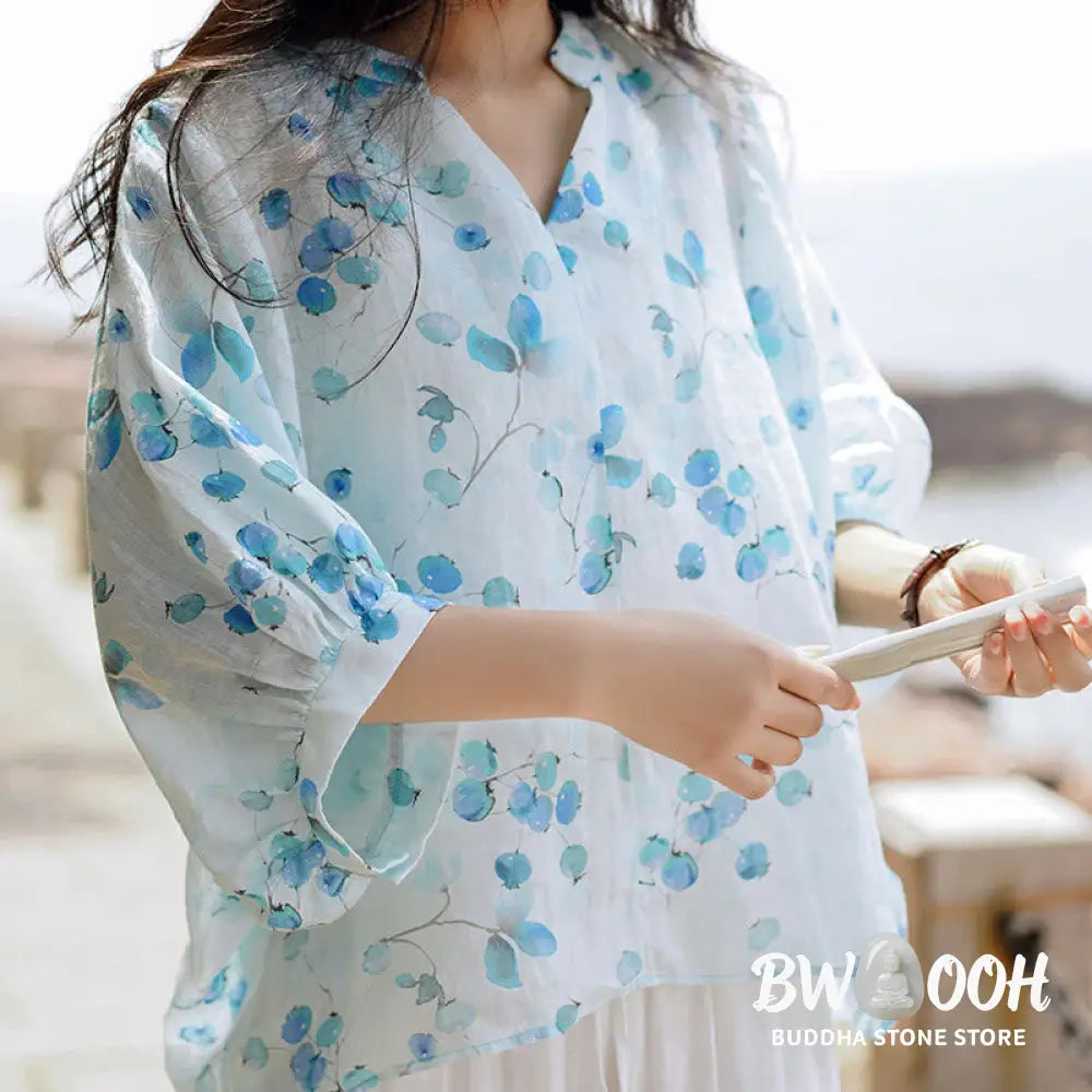 Buddha Stones Fruits Leaves Pattern Lantern Sleeve Top Loose Tee T-shirt - T-shirt