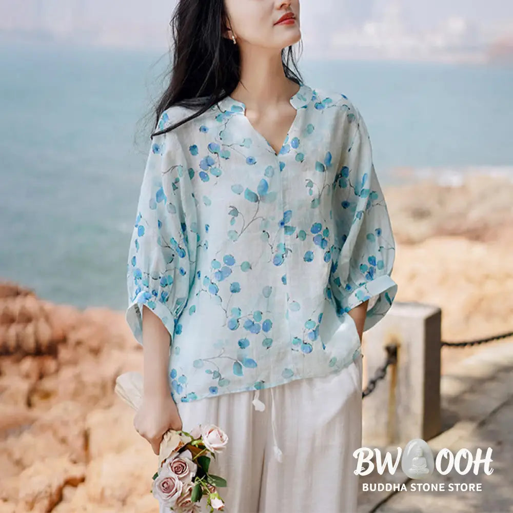Buddha Stones Fruits Leaves Pattern Lantern Sleeve Top Loose Tee T-shirt - T-shirt