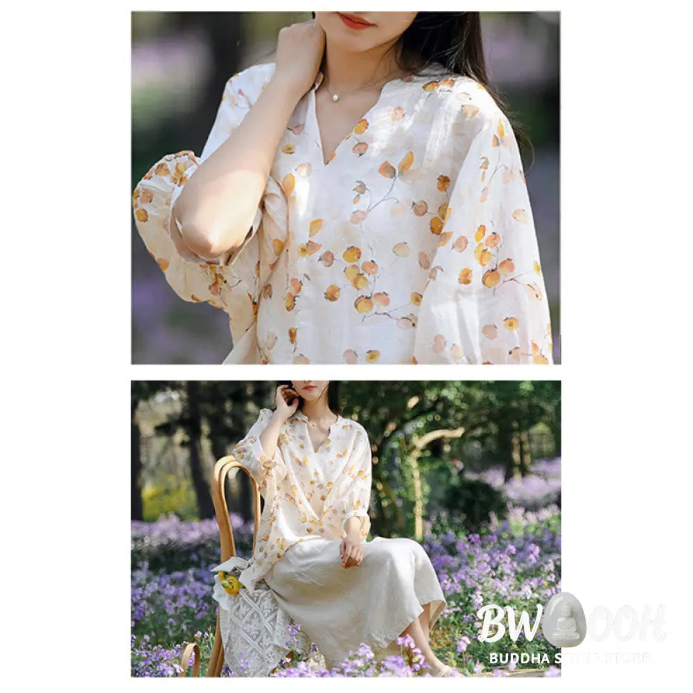 Buddha Stones Fruits Leaves Pattern Lantern Sleeve Top Loose Tee T-shirt - T-shirt