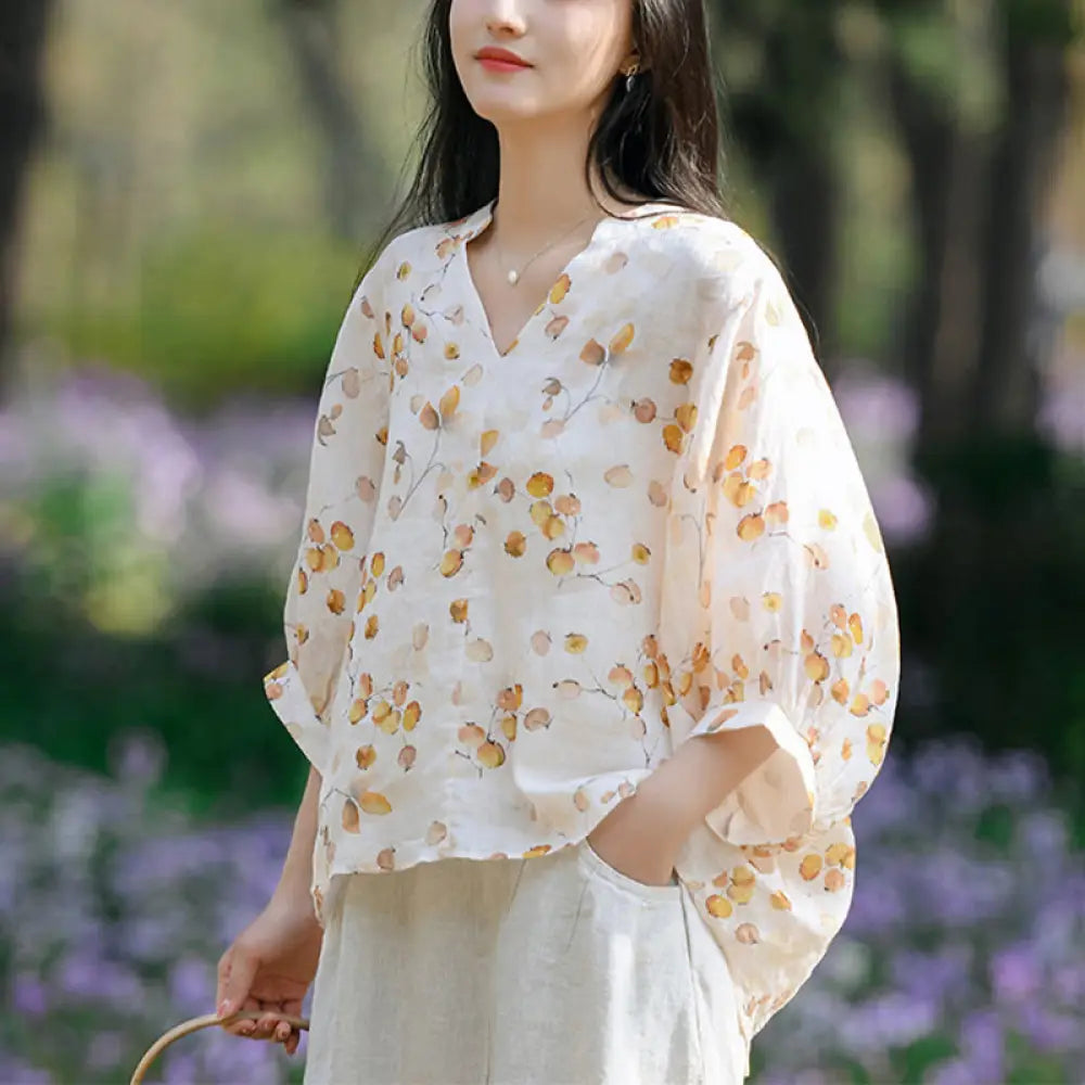 Buddha Stones Fruits Leaves Pattern Lantern Sleeve Top Loose Tee T-shirt - Yellow(Bust 130cm/Shoulder 37cm/Length