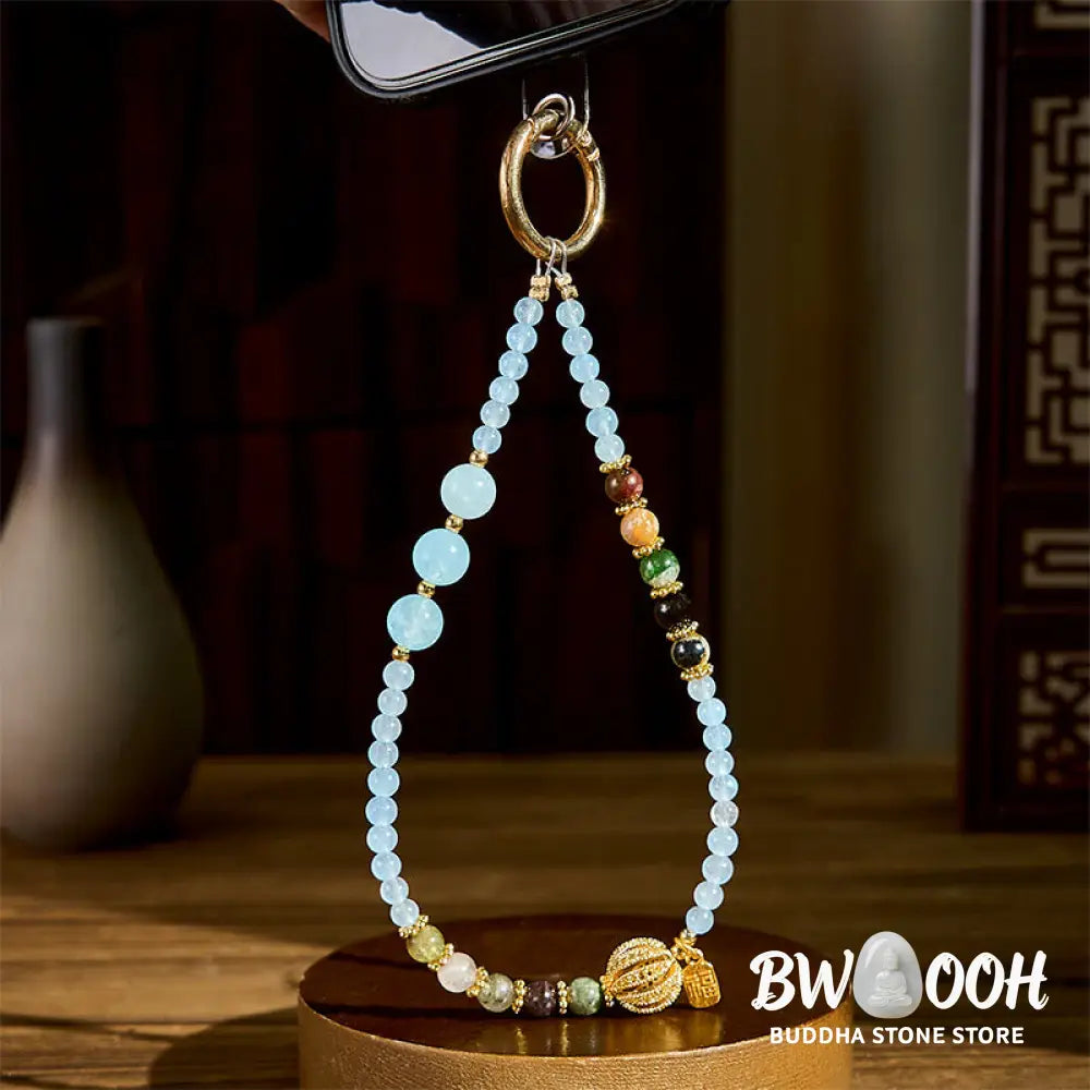 Buddha Stones Fu Character Blue Chalcedony Emotional Balance Key Chain Phone Hanging Decoration - Blue