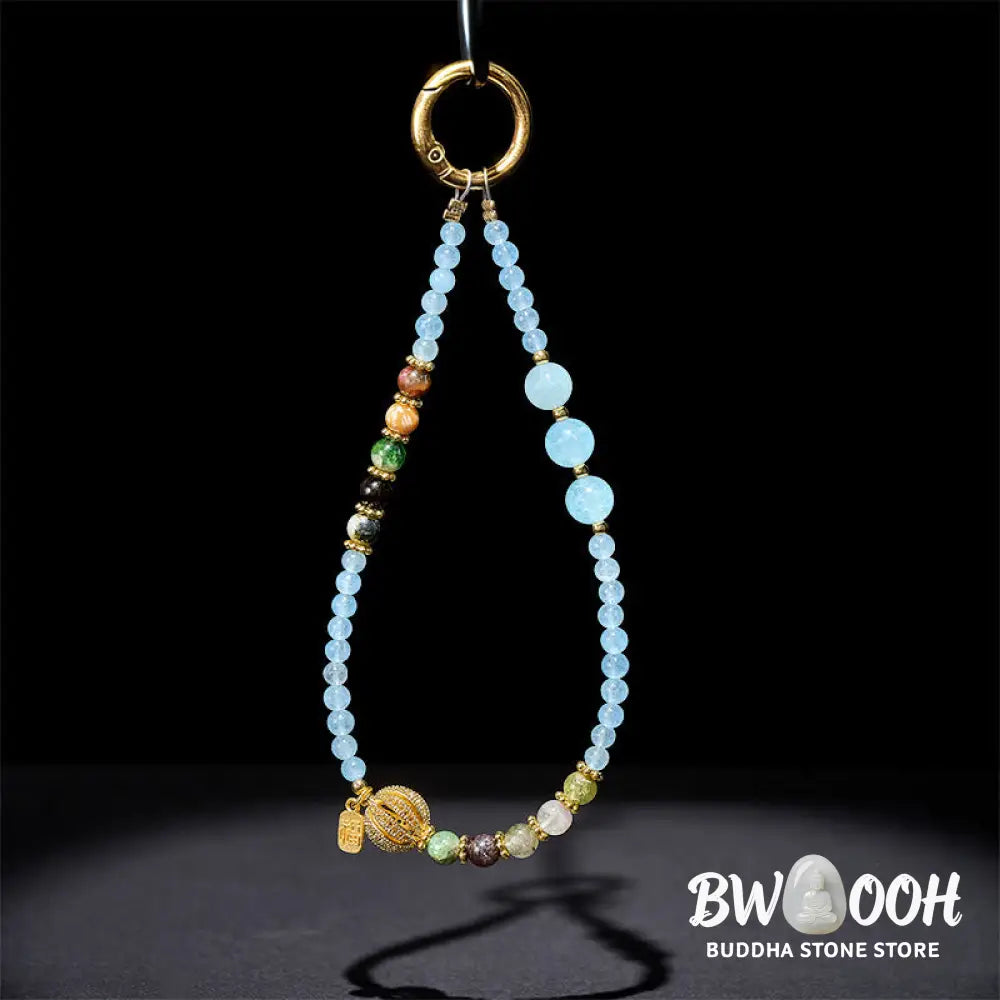 Buddha Stones Fu Character Blue Chalcedony Emotional Balance Key Chain Phone Hanging Decoration - Blue