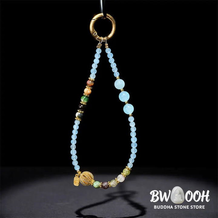 Buddha Stones Fu Character Blue Chalcedony Emotional Balance Key Chain Phone Hanging Decoration - Blue