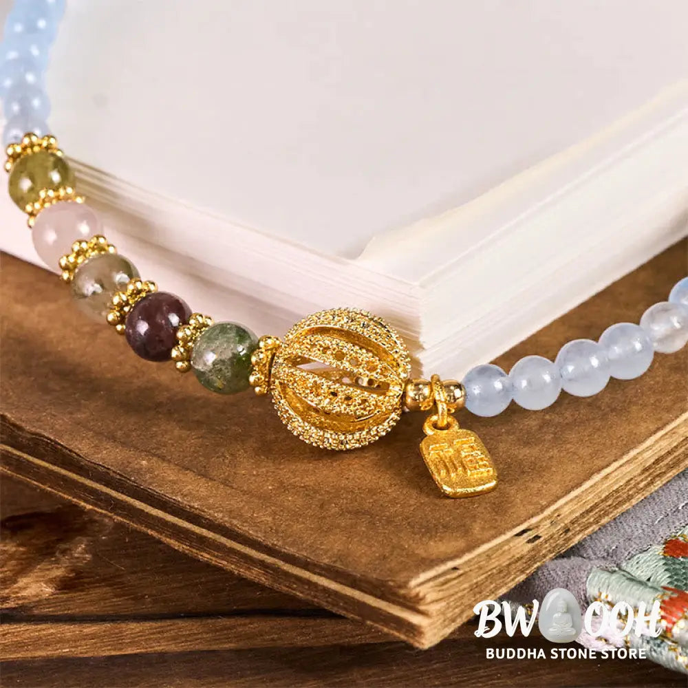 Buddha Stones Fu Character Blue Chalcedony Emotional Balance Key Chain Phone Hanging Decoration - Blue