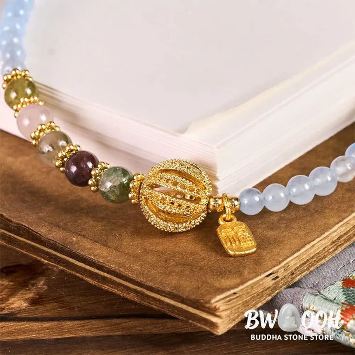 Buddha Stones Fu Character Blue Chalcedony Emotional Balance Key Chain Phone Hanging Decoration - Blue