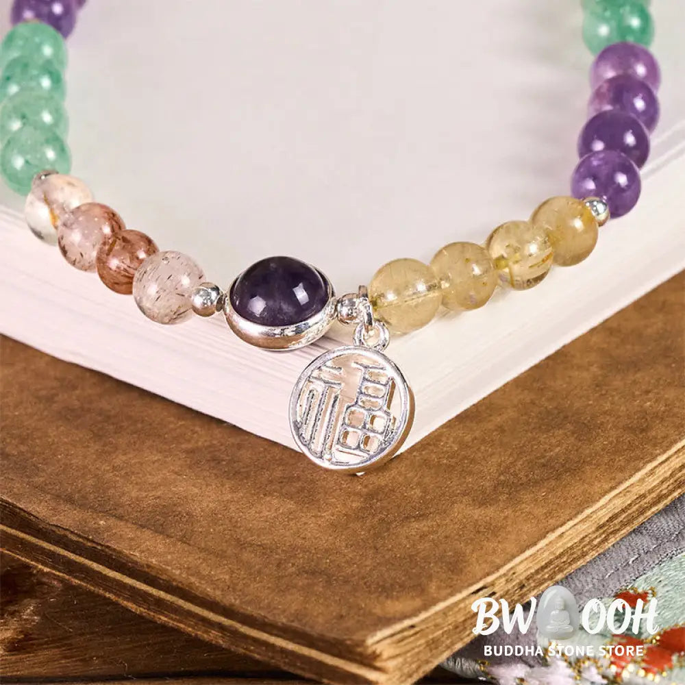 Buddha Stones Fu Character Charm Super Seven Crystal Growth Key Chain Phone Hanging Decoration - Super Seven