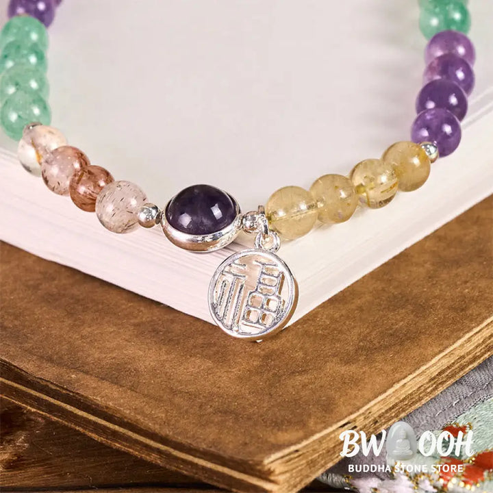 Buddha Stones Fu Character Charm Super Seven Crystal Growth Key Chain Phone Hanging Decoration - Super Seven