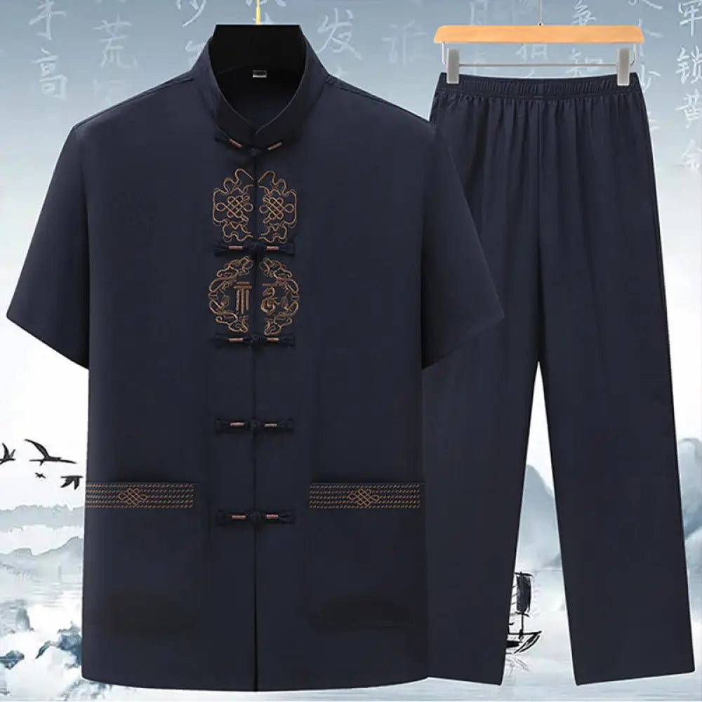Buddha Stones Fu Character Chinese Knotting Embroidery Tang Suit Traditional Short Sleeve Top Pants Clothing Men’s Set