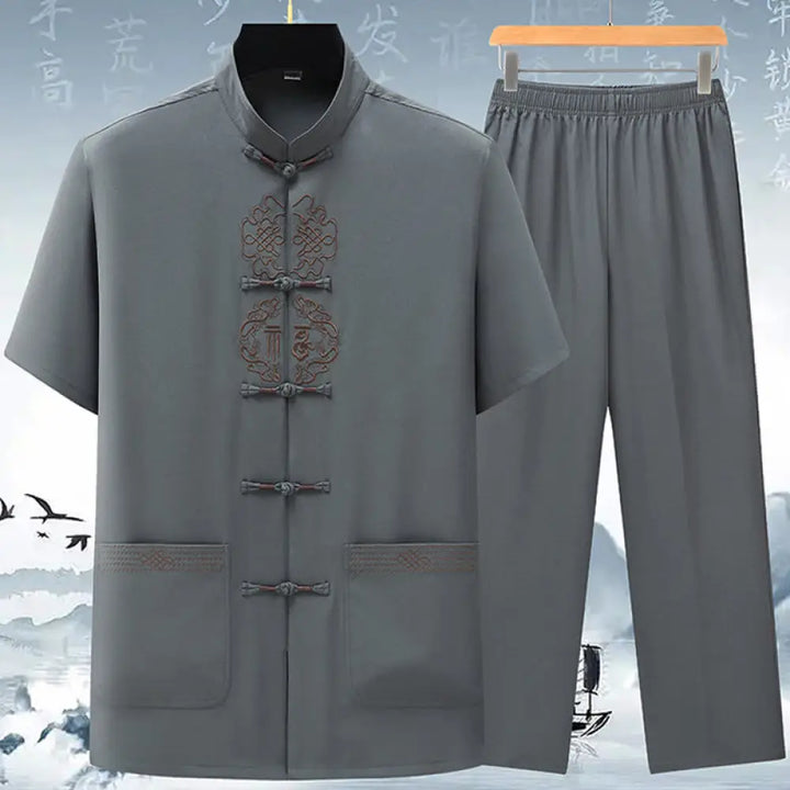 Buddha Stones Fu Character Chinese Knotting Embroidery Tang Suit Traditional Short Sleeve Top Pants Clothing Men’s Set