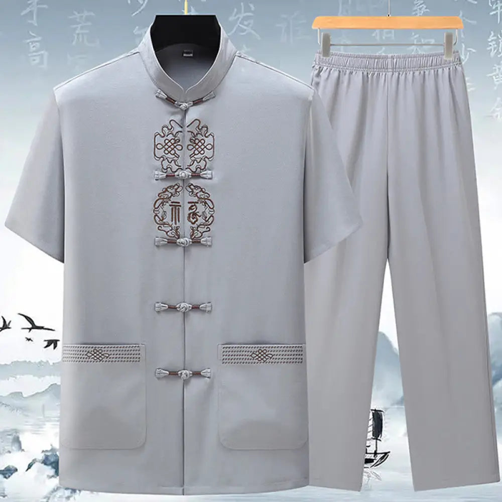 Buddha Stones Fu Character Chinese Knotting Embroidery Tang Suit Traditional Short Sleeve Top Pants Clothing Men’s Set