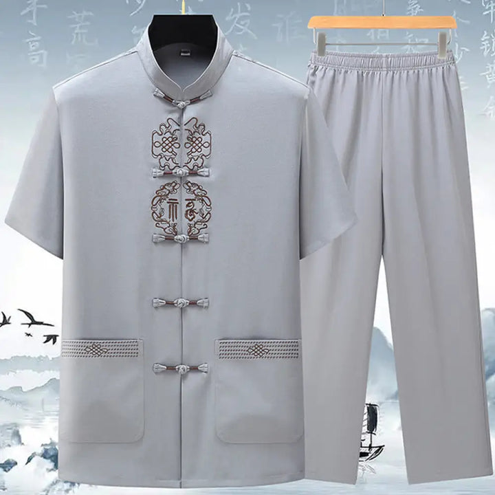 Buddha Stones Fu Character Chinese Knotting Embroidery Tang Suit Traditional Short Sleeve Top Pants Clothing Men’s Set