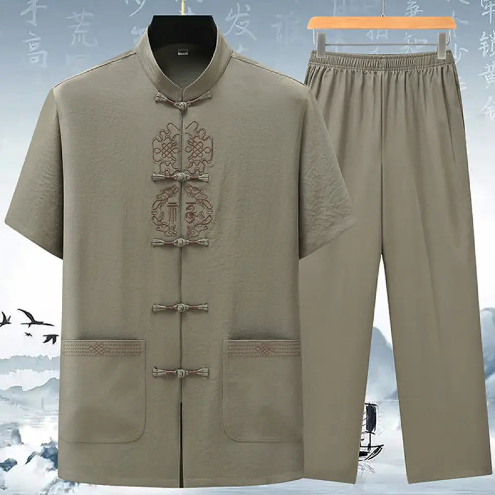 Buddha Stones Fu Character Chinese Knotting Embroidery Tang Suit Traditional Short Sleeve Top Pants Clothing Men’s Set
