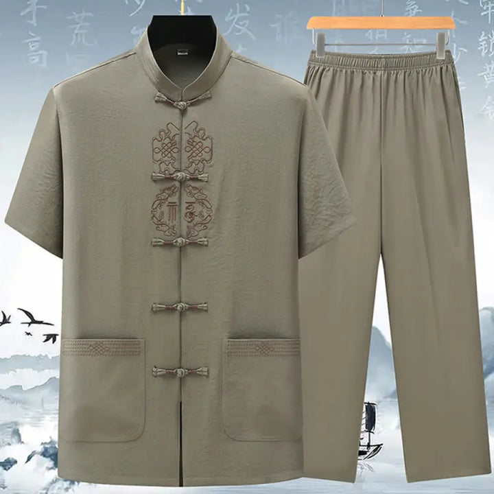 Buddha Stones Fu Character Chinese Knotting Embroidery Tang Suit Traditional Short Sleeve Top Pants Clothing Men’s Set