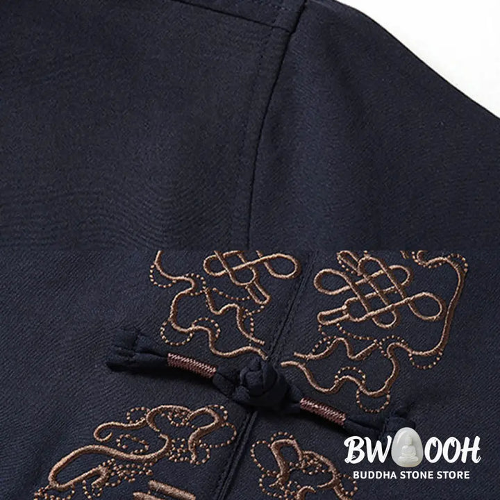 Buddha Stones Fu Character Chinese Knotting Embroidery Tang Suit Traditional Short Sleeve Top Pants Clothing Men’s Set