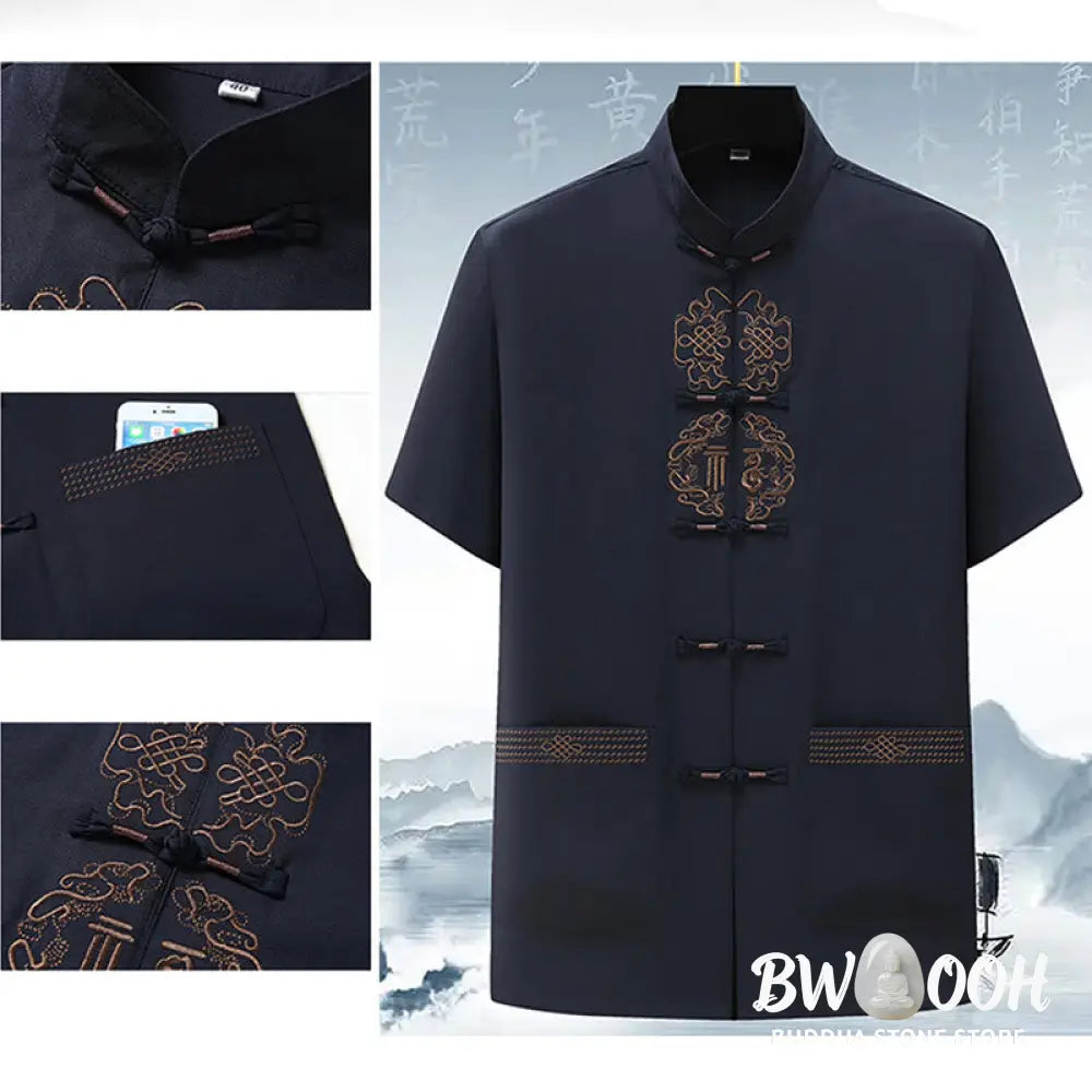 Buddha Stones Fu Character Chinese Knotting Embroidery Tang Suit Traditional Short Sleeve Top Pants Clothing Men’s Set