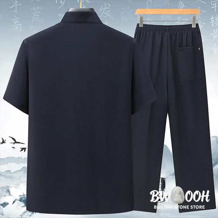Buddha Stones Fu Character Chinese Knotting Embroidery Tang Suit Traditional Short Sleeve Top Pants Clothing Men’s Set