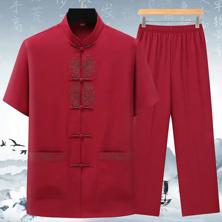 Buddha Stones Fu Character Chinese Knotting Embroidery Tang Suit Traditional Short Sleeve Top Pants Clothing Men’s Set