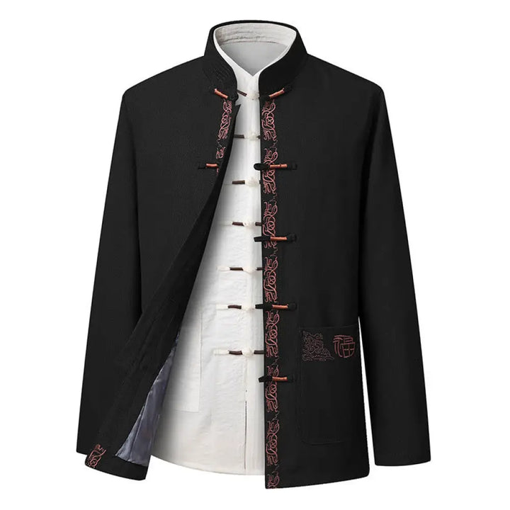 Buddha Stones Fu Character Embroidery Tang Suit Frog-Button Men’s Long Sleeve Jacket Shirt Pants - Black Jacket(Jacket