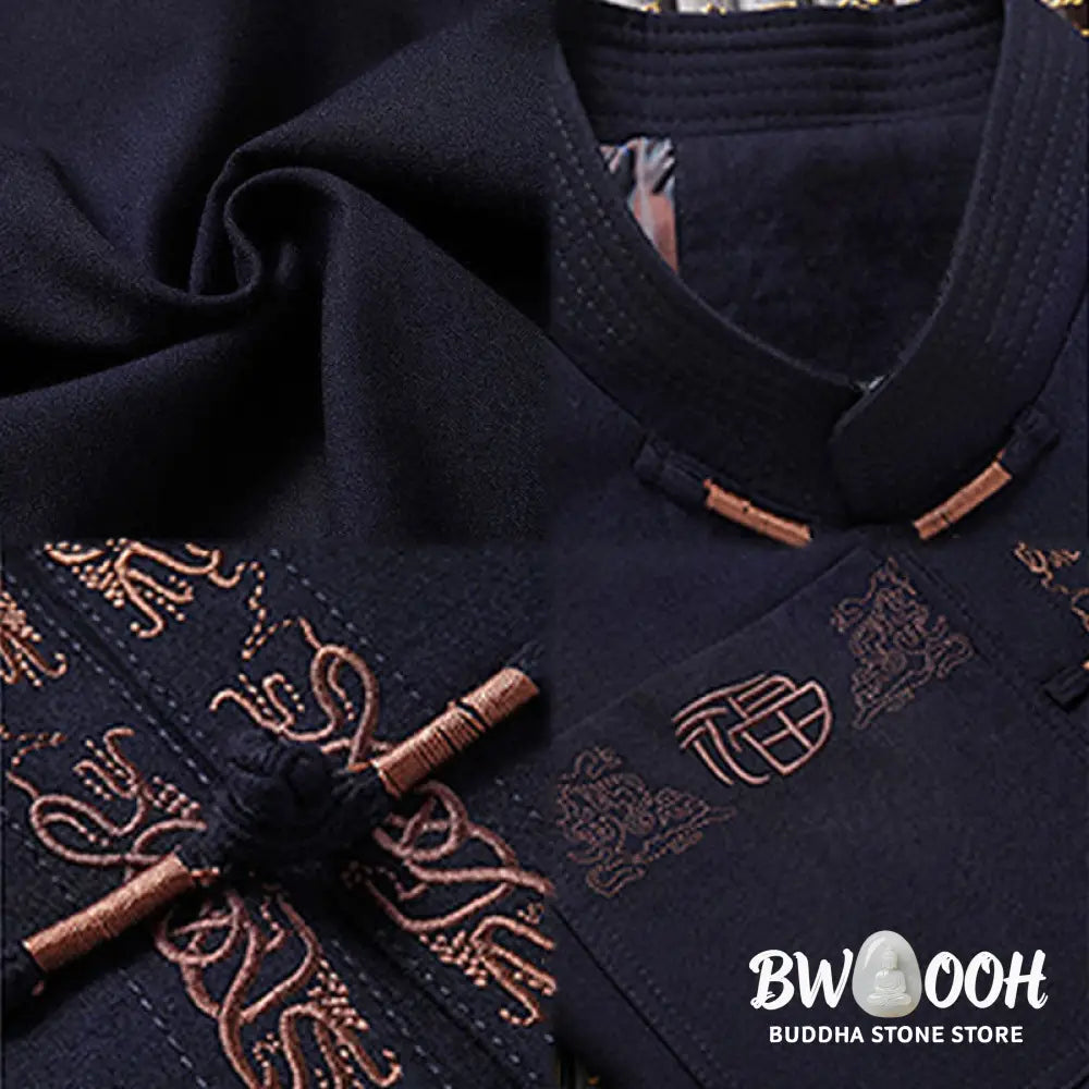 Buddha Stones Fu Character Embroidery Tang Suit Frog-Button Men’s Long Sleeve Jacket Shirt Pants - Men’s Meditation