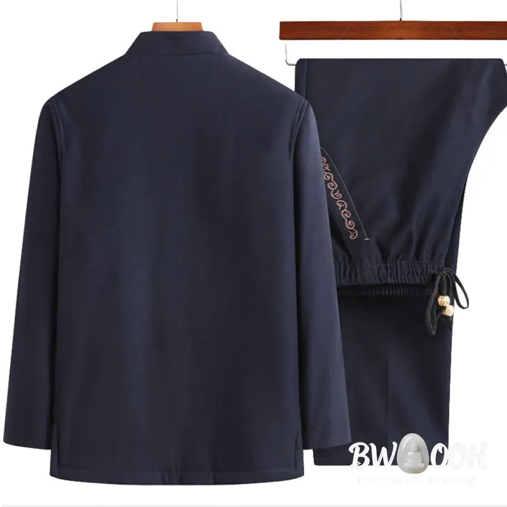 Buddha Stones Fu Character Embroidery Tang Suit Frog-Button Men’s Long Sleeve Jacket Shirt Pants - Men’s Meditation