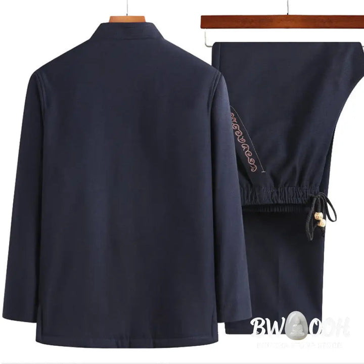 Buddha Stones Fu Character Embroidery Tang Suit Frog-Button Men’s Long Sleeve Jacket Shirt Pants - Men’s Meditation