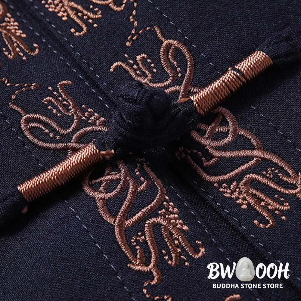 Buddha Stones Fu Character Embroidery Tang Suit Frog-Button Men’s Long Sleeve Jacket Shirt Pants - Men’s Meditation