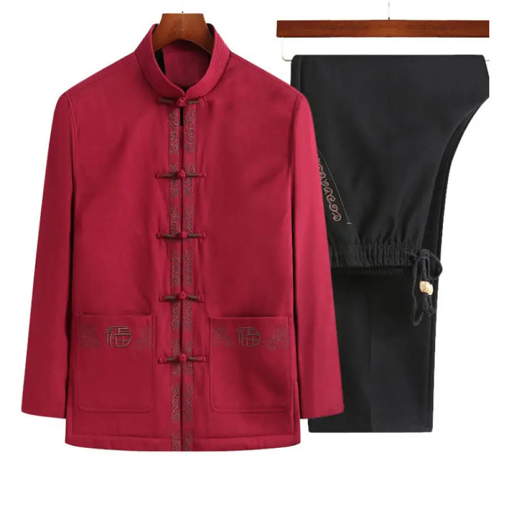 Buddha Stones Fu Character Embroidery Tang Suit Frog-Button Men’s Long Sleeve Jacket Shirt Pants - Red Jacket + Black