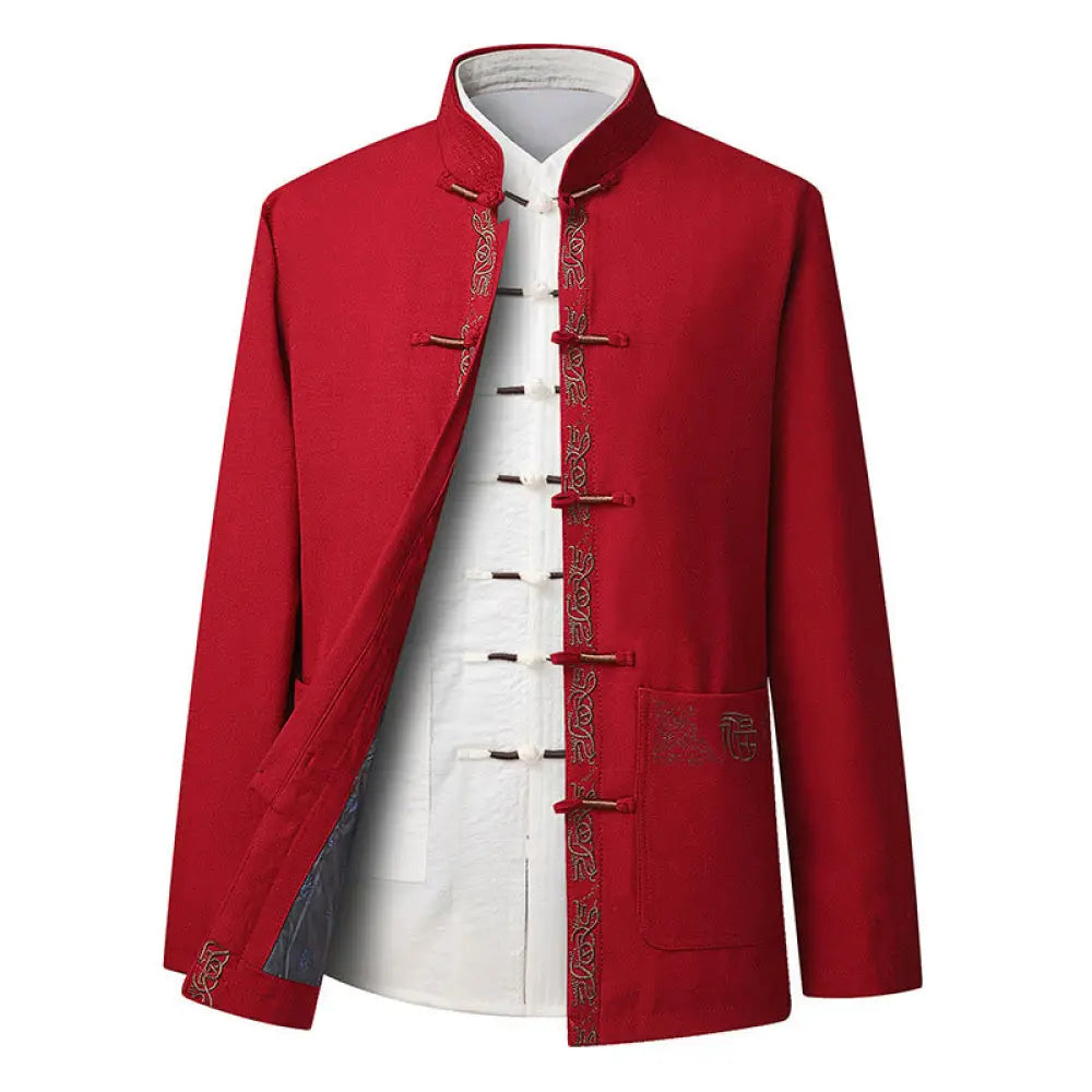 Buddha Stones Fu Character Embroidery Tang Suit Frog-Button Men’s Long Sleeve Jacket Shirt Pants - Red Jacket(Jacket