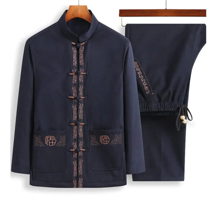 Buddha Stones Fu Character Embroidery Tang Suit Frog-Button Men’s Long Sleeve Jacket Shirt Pants - SteelBlue Jacket