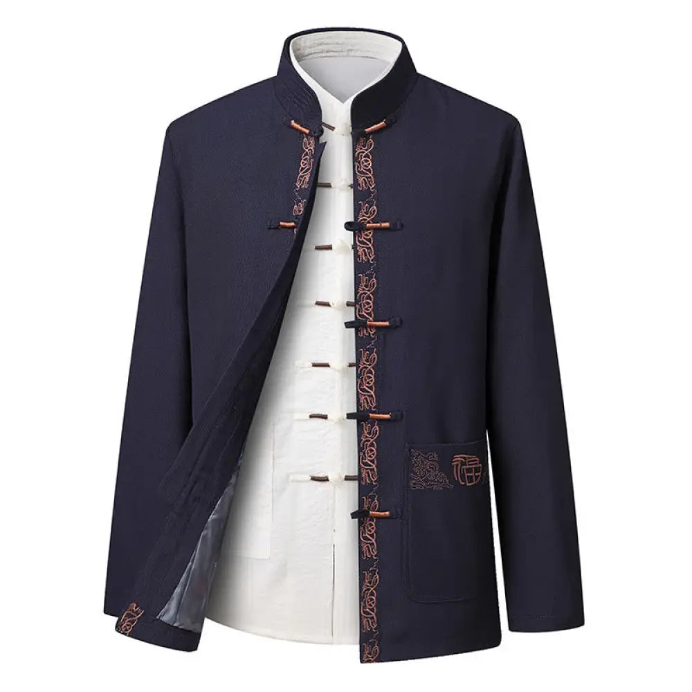 Buddha Stones Fu Character Embroidery Tang Suit Frog-Button Men’s Long Sleeve Jacket Shirt Pants - SteelBlue