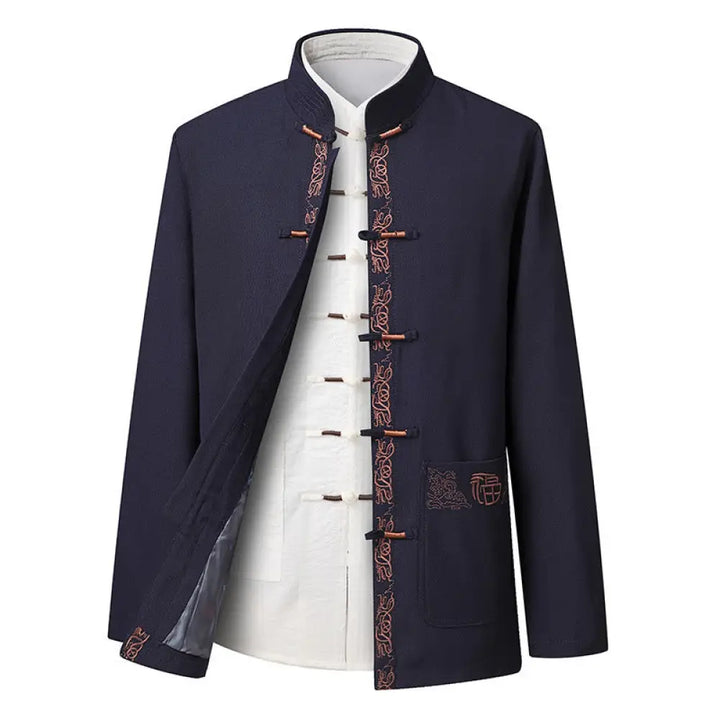 Buddha Stones Fu Character Embroidery Tang Suit Frog-Button Men’s Long Sleeve Jacket Shirt Pants - SteelBlue
