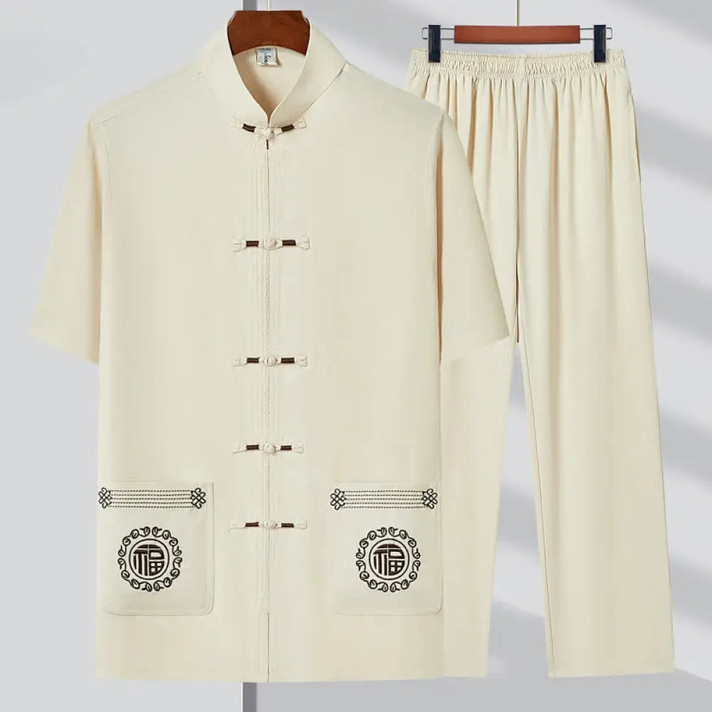 Buddha Stones Fu Character Embroidery Tang Suit Traditional Frog-Button Short Sleeve Top Pants Clothing Men’s Set