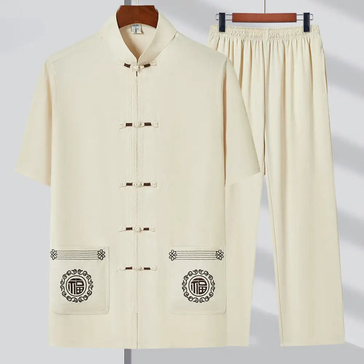 Buddha Stones Fu Character Embroidery Tang Suit Traditional Frog-Button Short Sleeve Top Pants Clothing Men’s Set