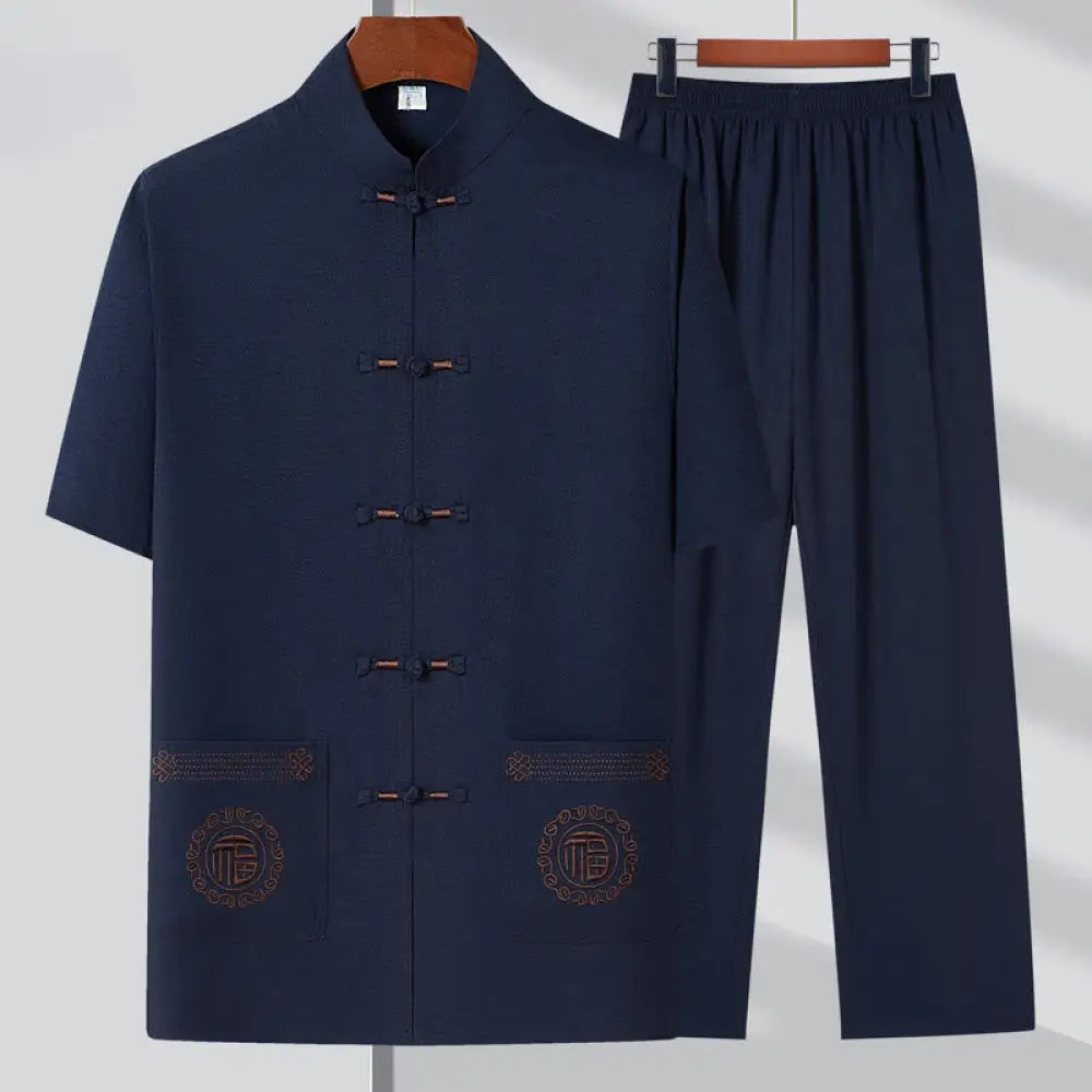 Buddha Stones Fu Character Embroidery Tang Suit Traditional Frog-Button Short Sleeve Top Pants Clothing Men’s Set