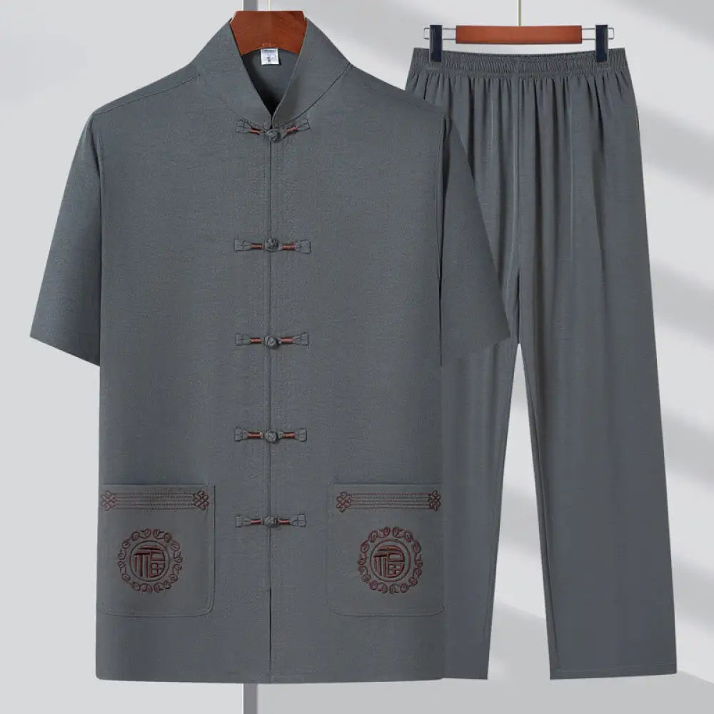 Buddha Stones Fu Character Embroidery Tang Suit Traditional Frog-Button Short Sleeve Top Pants Clothing Men’s Set