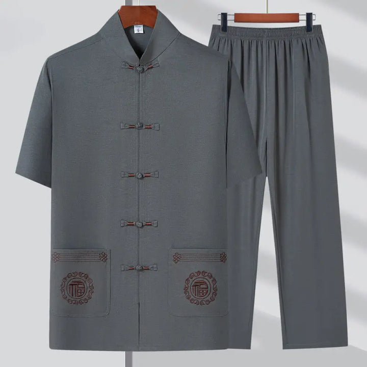 Buddha Stones Fu Character Embroidery Tang Suit Traditional Frog-Button Short Sleeve Top Pants Clothing Men’s Set
