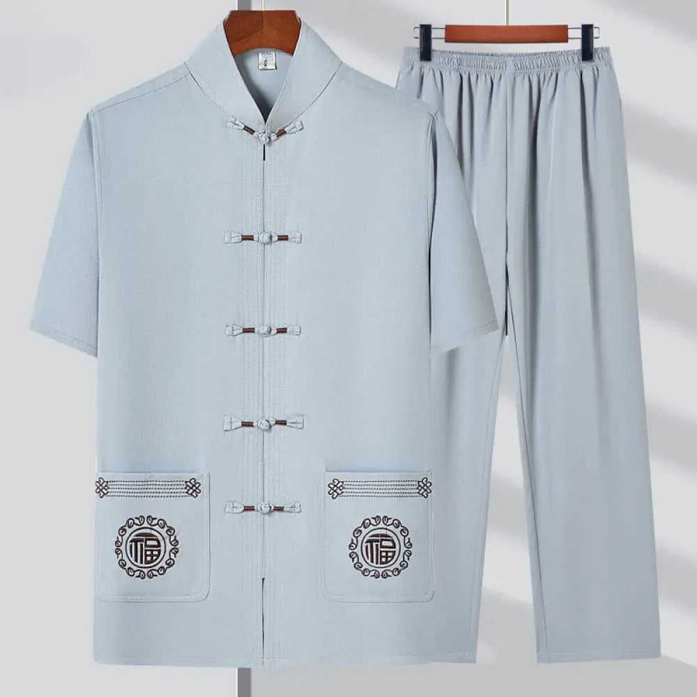 Buddha Stones Fu Character Embroidery Tang Suit Traditional Frog-Button Short Sleeve Top Pants Clothing Men’s Set