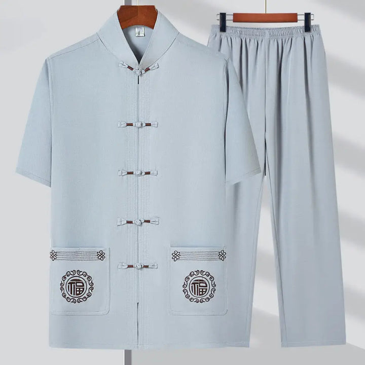 Buddha Stones Fu Character Embroidery Tang Suit Traditional Frog-Button Short Sleeve Top Pants Clothing Men’s Set