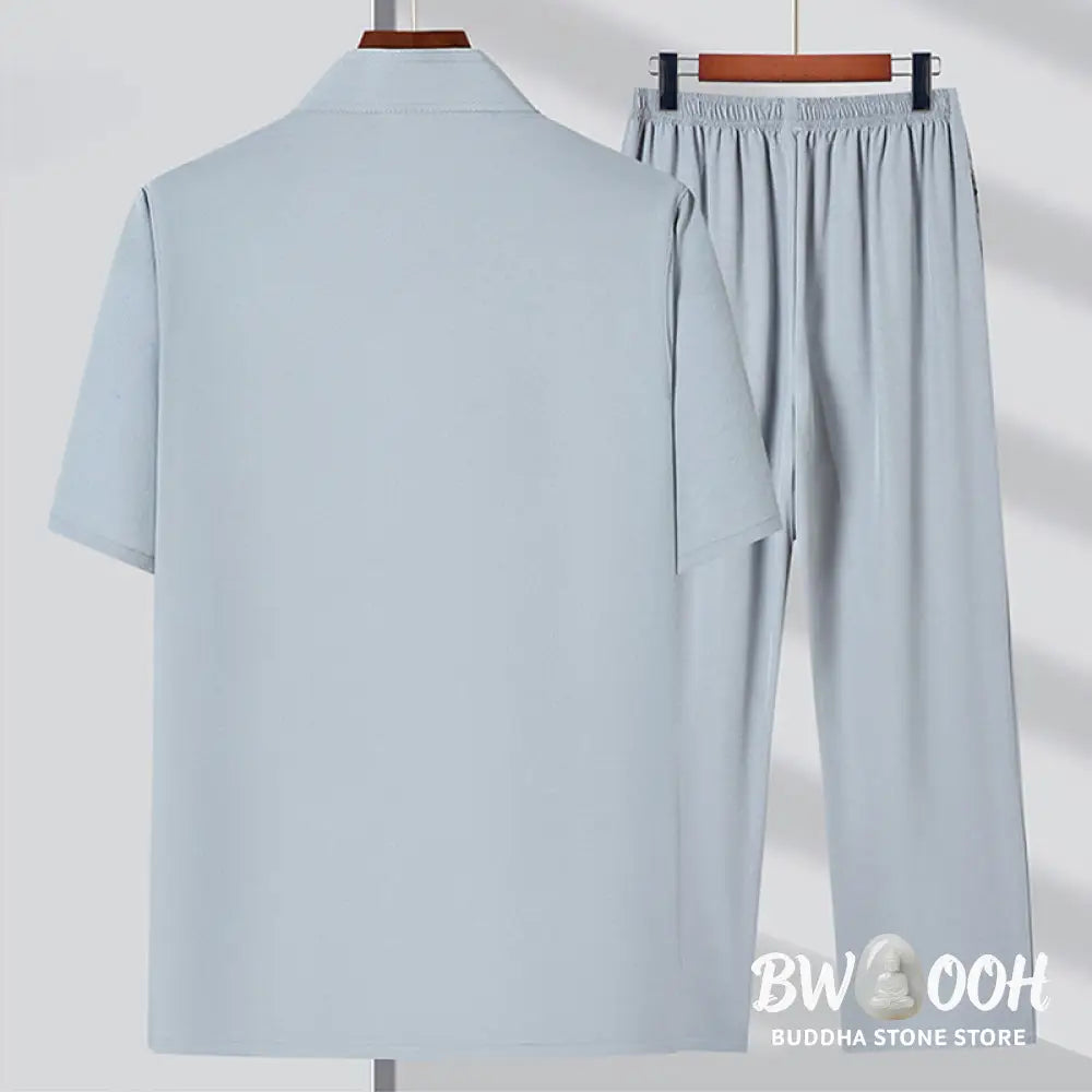Buddha Stones Fu Character Embroidery Tang Suit Traditional Frog-Button Short Sleeve Top Pants Clothing Men’s Set