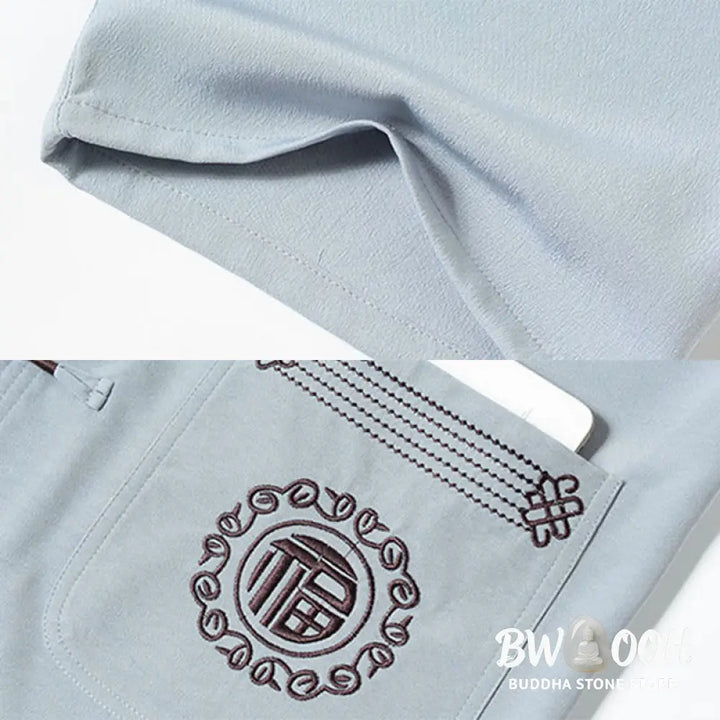 Buddha Stones Fu Character Embroidery Tang Suit Traditional Frog-Button Short Sleeve Top Pants Clothing Men’s Set